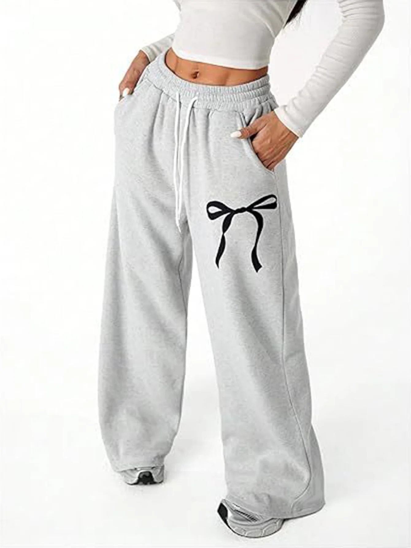 Comfortabele damesbroek met hoge taille, knoopprint, veters, het hele seizoen, K-mode, basisstijl voor dames