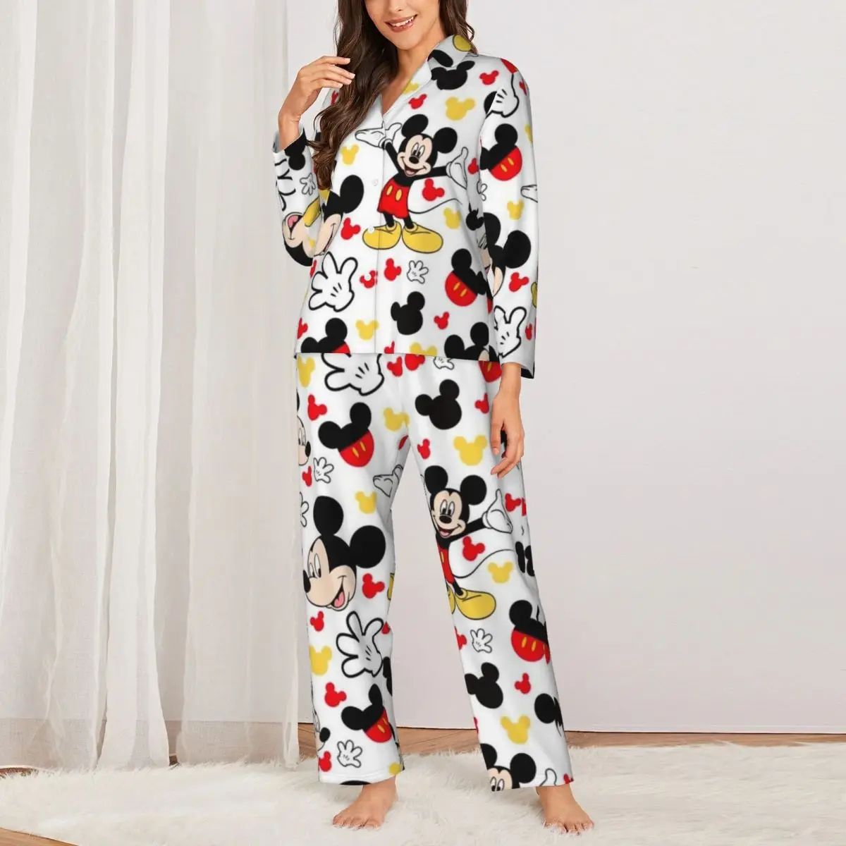 Disney Mickey Mouse Women\'s Pajamas Set Button Down Pajama 2 Piece Suit Pyjama Femme Nightwear Loungewear