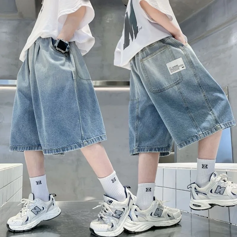 UNITIM Summer Children Boys Jeans Thin Sticker Pockets Junior Boys Denim Shorts 3-14Yrs Kids Teens Boys Casual Shorts Overalls