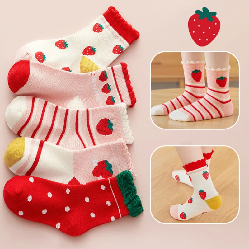 

Hot Children's socks autumn and winter new mid length socks for boys and girls baby socks strawberry lace skin friendly fabric