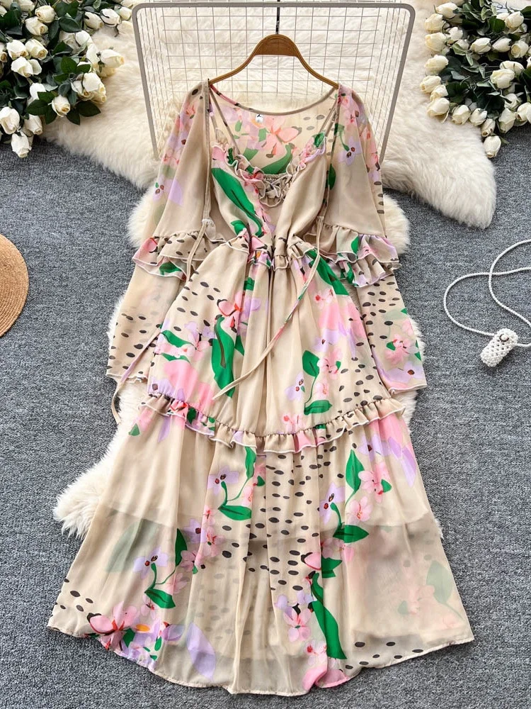 Vestido F de Manga Longa com Estampa Floral Retrô, Estilo Solto em A, Cintura Alta, Fibra de Poliéster, Versão Coreana...