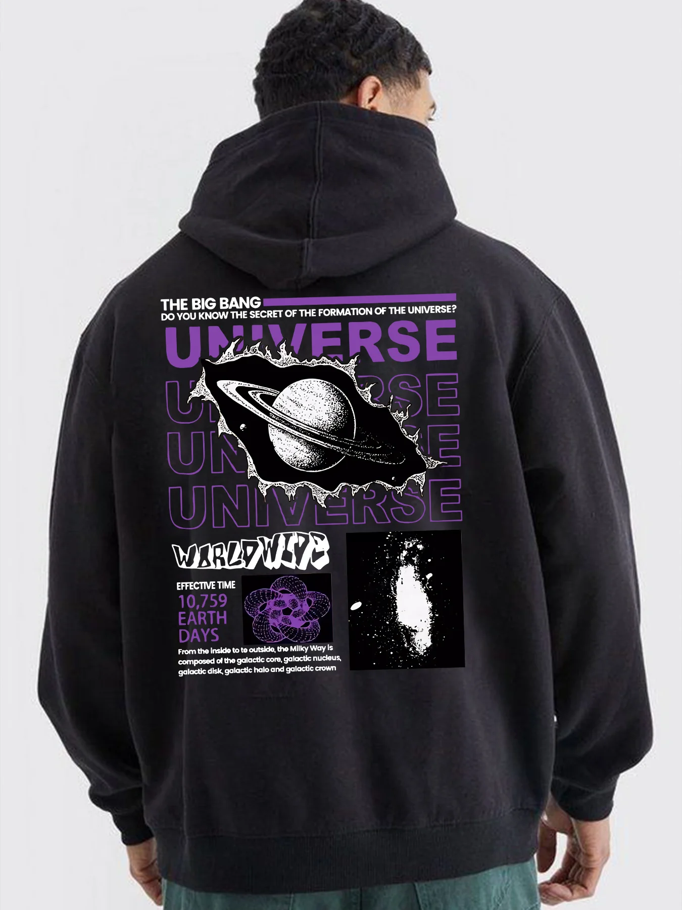Trendy Men's Hip-Hop Sport Hoodie with Cosmic Saturn Text Print - Comfortable, Casual, Fashionable and Cool Hoodie