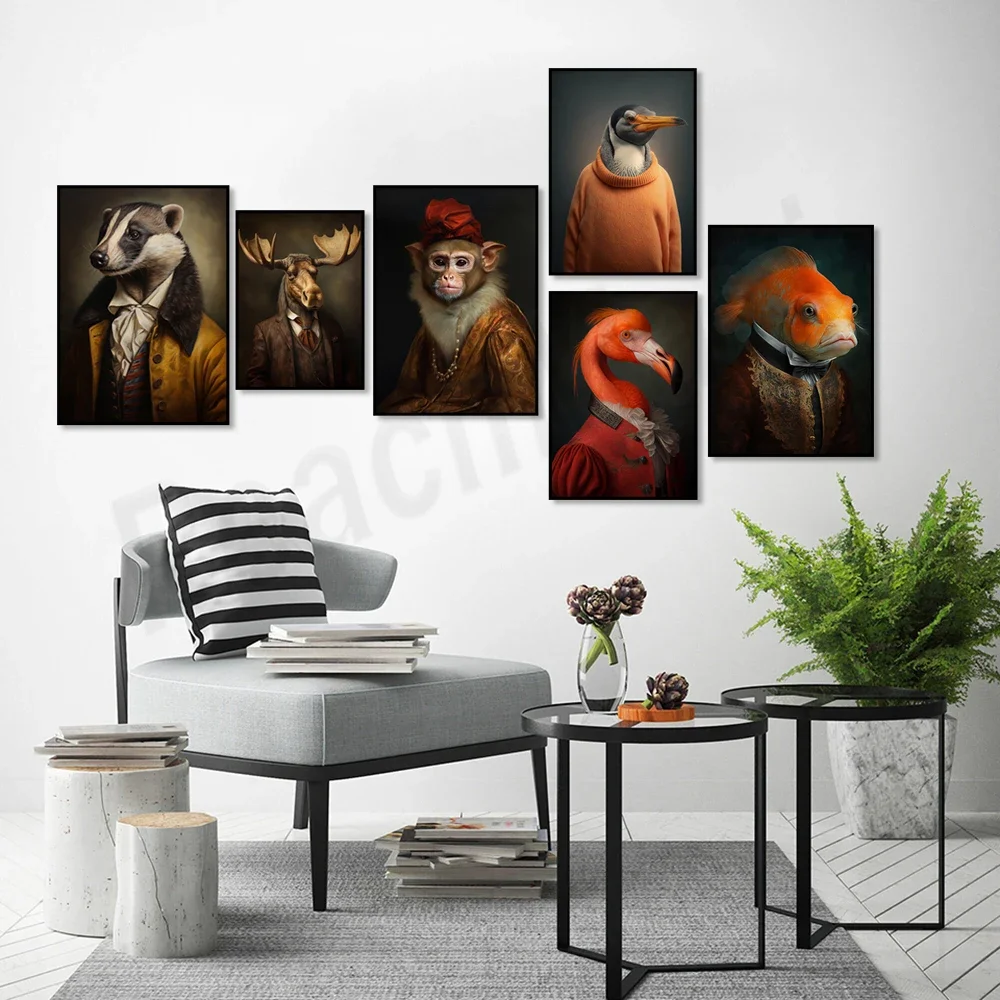 Moose, monkey, penguin portrait print, baroque orange fish art, badger art, orange heron, animal head human body vintage poster