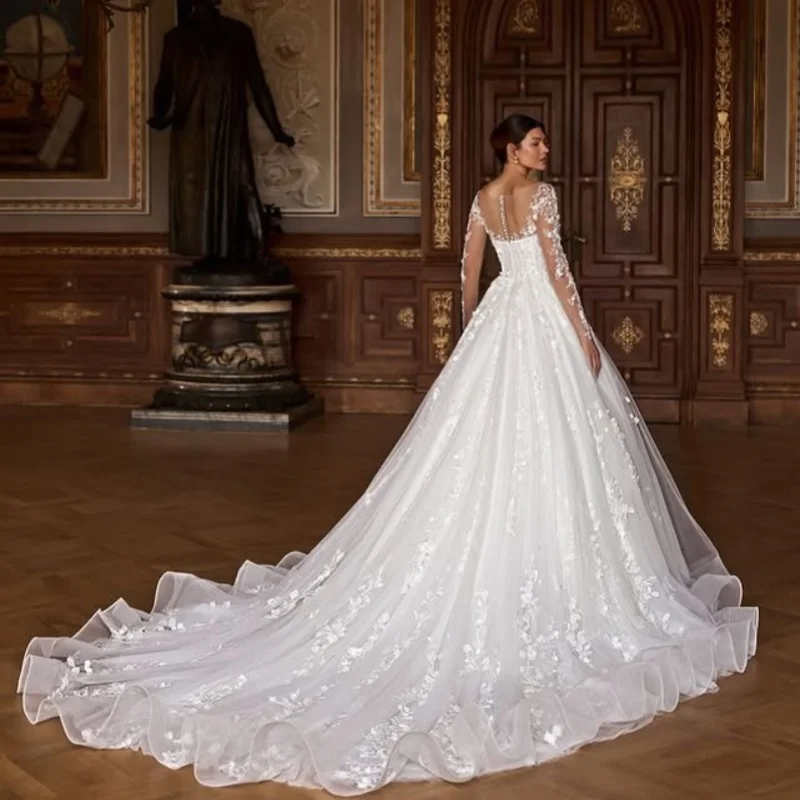 White Appliques Lace Wedding Dresses off-shoulder long sleeves 3D flower decal Bridal Gowns Made Customized