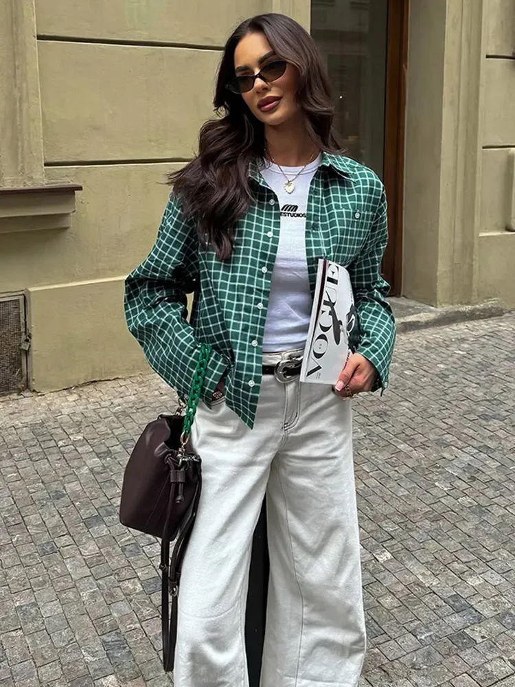 

Women Casual Lapel Neck Plaid Jackets Loose Single Breasted Long Sleeve Printed Blouses 2025 Autumn Office Street Lady outerwear