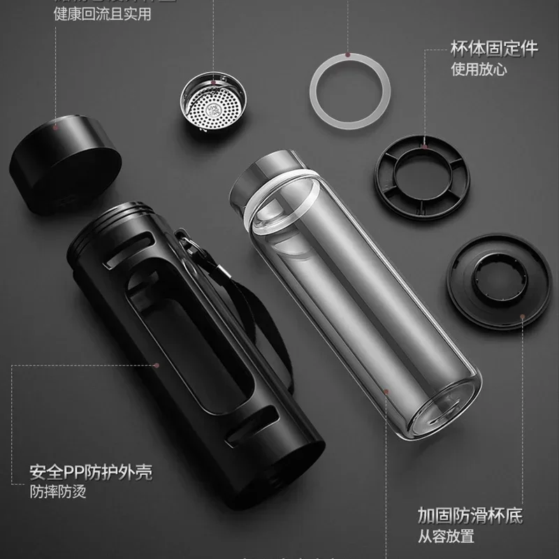 400 600 800 1000ml Glass Bottle Cup with Filter Rope Plastic Case Glass Cup Water Bottle Business Gift Black Blue