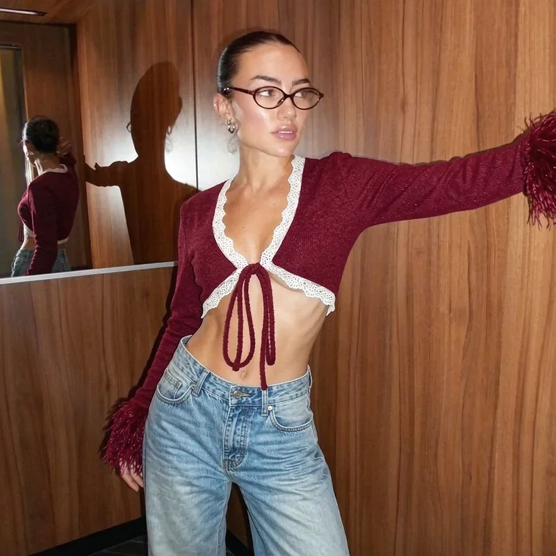 Women Sexy Lace Patchwork Furry Long Sleeve Knitted Cardigan Crop Tops Lace-up V-neck Slim Casual T-shirts Casual Streetwear