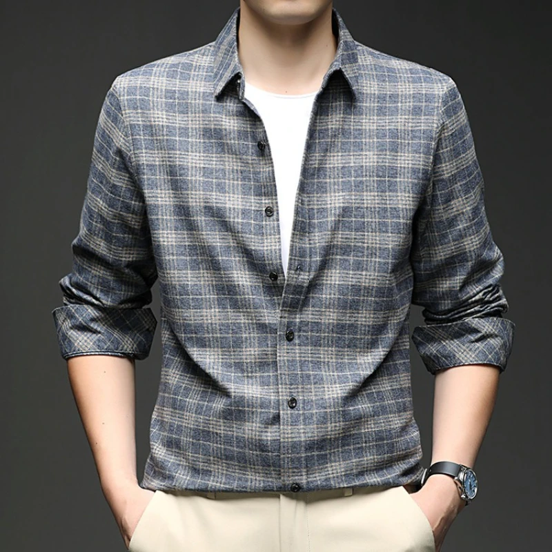 ​​100% Cotton Men's Cotton Check Shirt - Blue Check (Yellow Check) 48-56 Classic Plaid Design​ Daily Wear / Spring Autumn