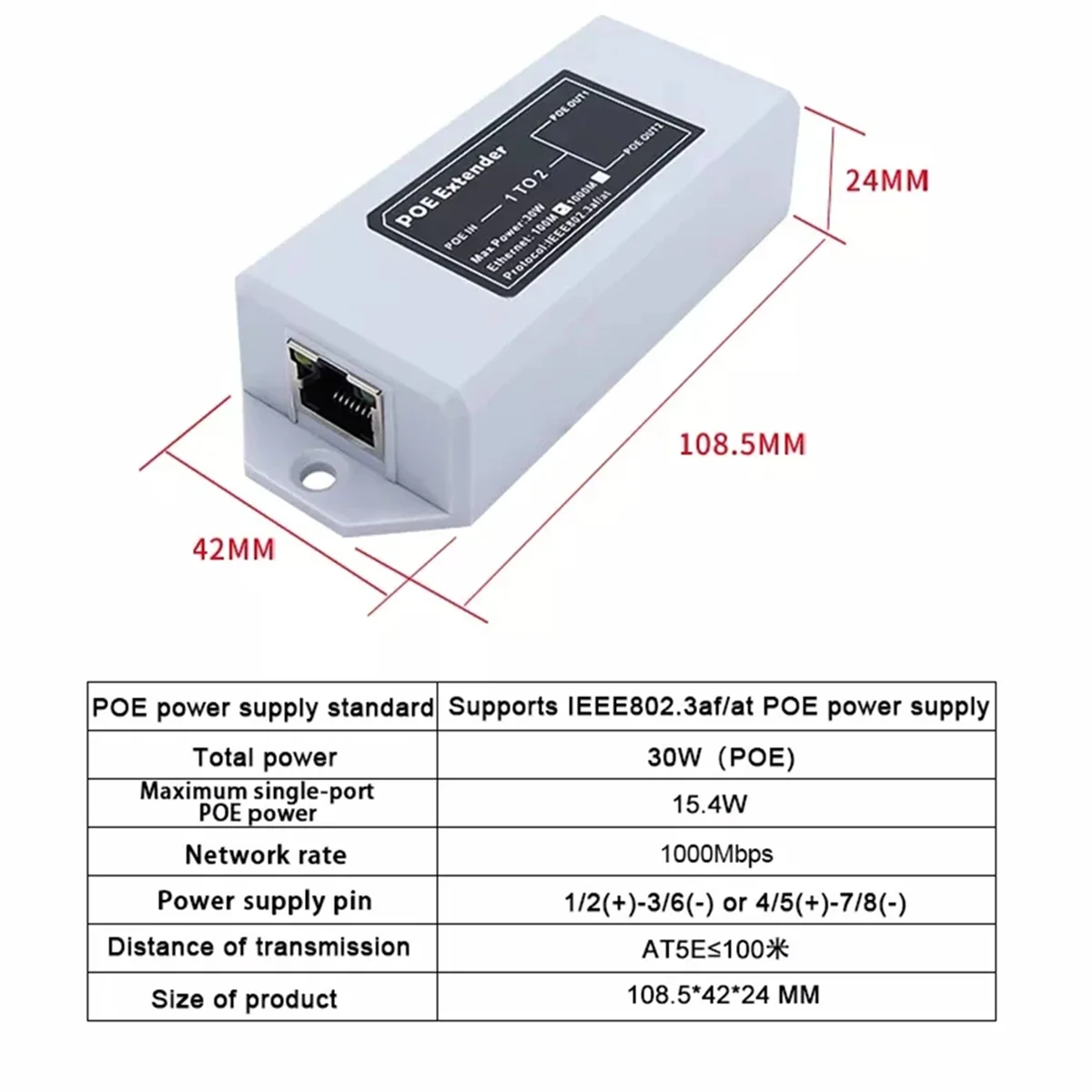 1 Op 2 Uit Gigabit Standaard Poe 1000M Netwerkverlenger Cascad Repeater Rj45 Voldoen Aan Ieee 802. 3at/Af Voor Ip-Camera