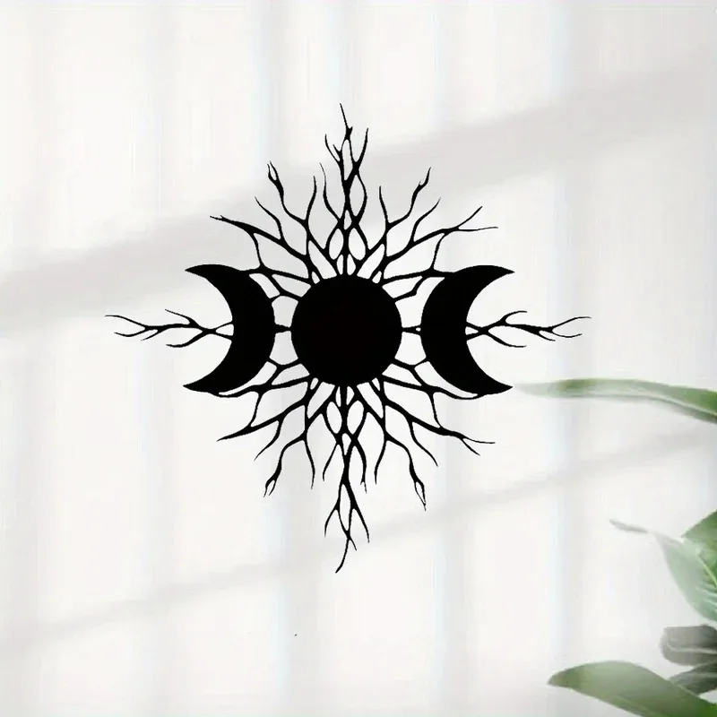 Dark Triple Moon & Celestial Tree Metal Wall Art - Mystical Moon Phases, Sun & Branches Sculpture, Indoor/Outdoor Durable Decor