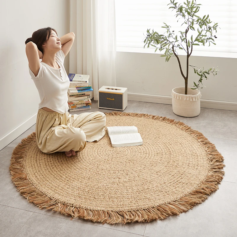 Handwoven Jute Area Rug for Living Room Round Natural Fiber Carpet with Fringe Glue-Free Sofa Coffee Table Mat Bedroom Carpet