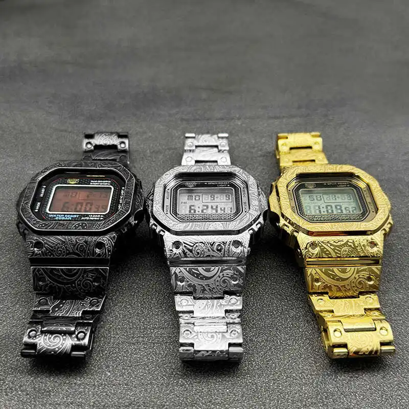 DW5600 Vintage engrave Mod kit For Casio GWM-B5000 5600 5610 series modification Stainless Steel Watch Case+Watch Strap Men's