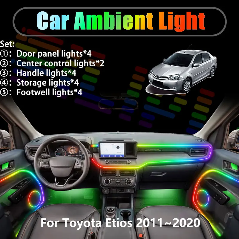 

For Toyota Etios 2011~2020 AK10 2012 2013 2/18 in 1 Car ambient lighting Led trunk interior led lights USB RGB Ensemble Streamer