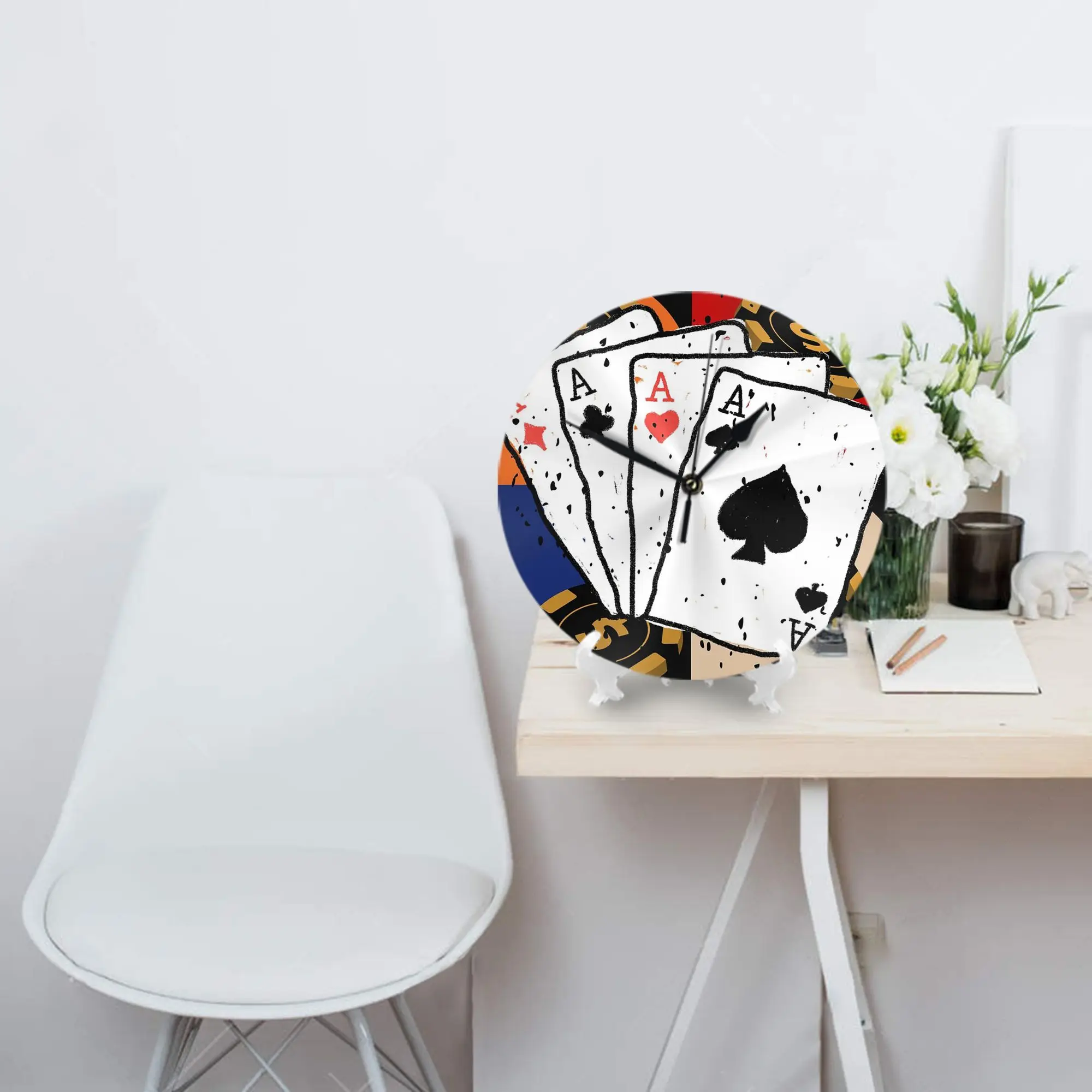 

Карты для азартных игр, настенные часы, украшение комнаты, бесшумные круглые часы для спальни, гостиной, кухни, дома