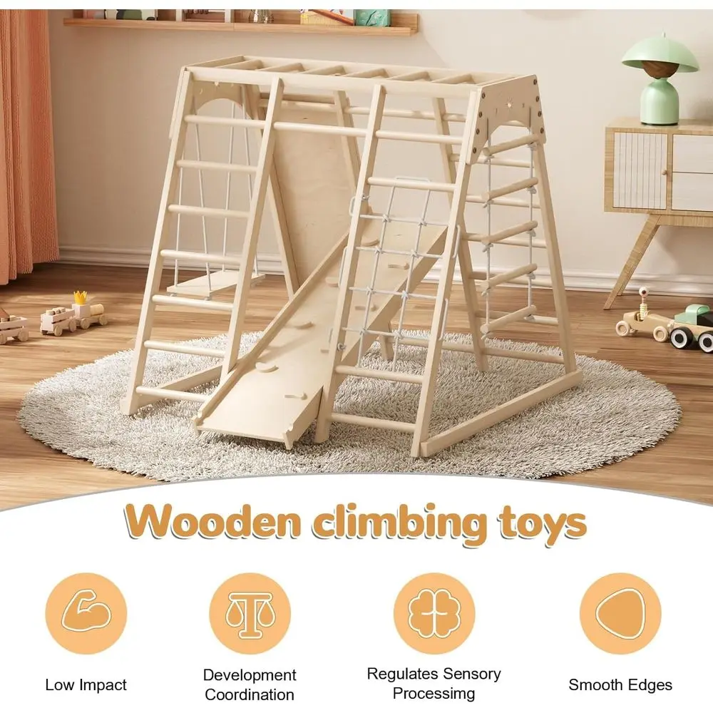 صالة الألعاب الرياضية للغابة مونتيسوري الداخلي الكل في واحد للأطفال: الشريحة، التأرجح، القضبان، جدار الصخور، الخشب الطبيعي، الأعمار 3-8، التوازن والتنسيق #5