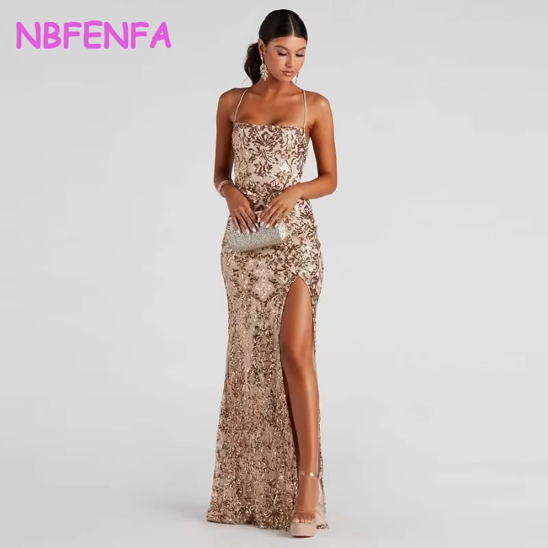 NBFENFA Sexy Backless Strap Sequin Long Evening Party Prom Dresses for Women Summer 2024 Slit Formal Occasion Dress Vestidos