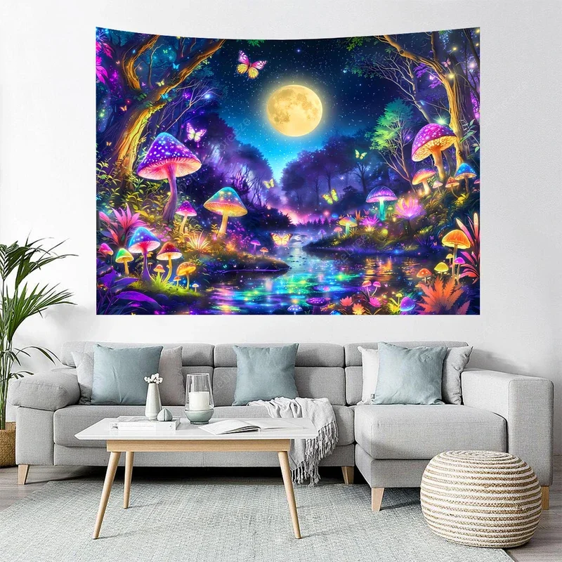 Boho Mushroom Butterfly UV Reaction Tapestry Forest Moon Neon Carpets Hippie Bedroom Aesthetic Dormitory Decor Party Decor