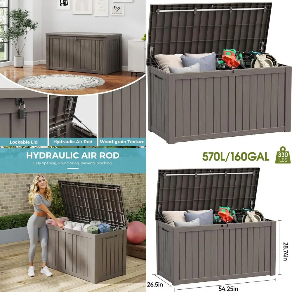 

Серый ящик для хранения из полимерной смолы на 160 галлонов, всепогодный уличный контейнер с запирающейся крышкой