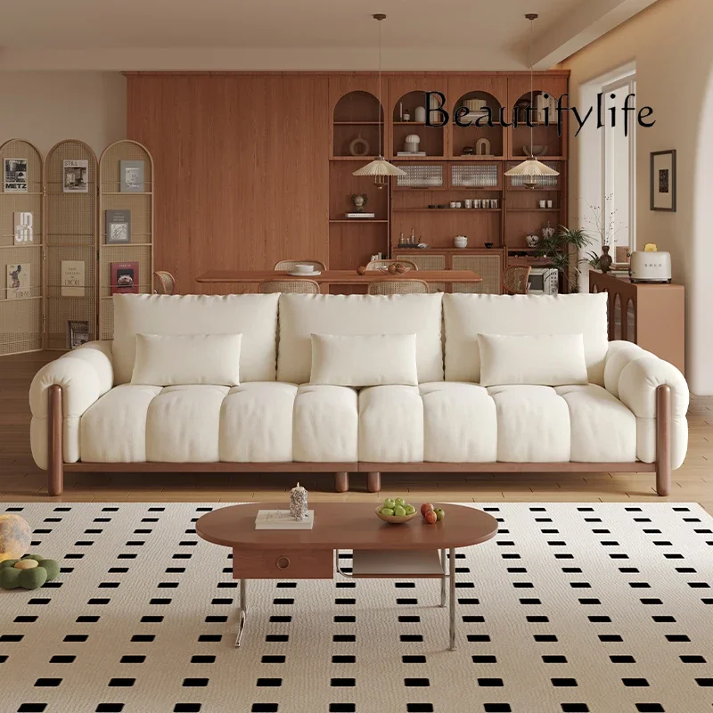 

Cream wind cloud fabric sofa small apartment living room B & B retro solid wood high-footed sofa straight row