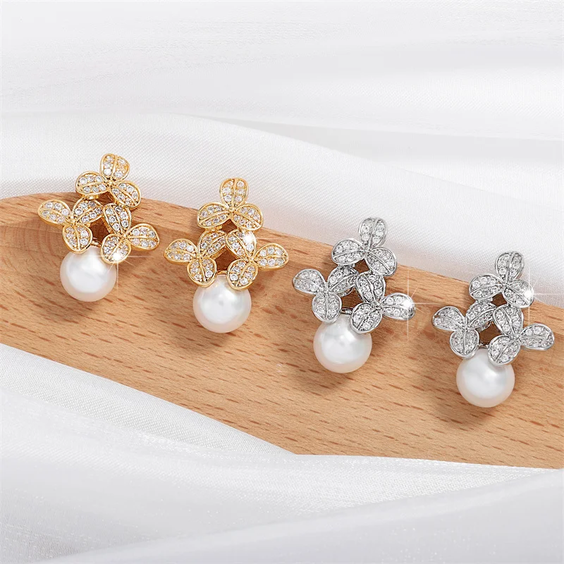 ZAKOL Elegant Flower Shaped Round Imitation Pearl Earrings for Women Micro Inlay Zirconia Earring Bridal Wedding Jewelry