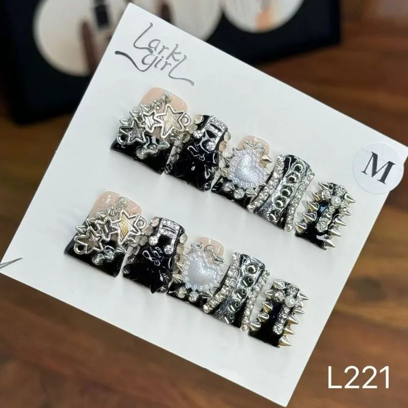 Press-on Nails Punk Style Acrylic With 3d Rivets And Rhinestones_voghion.com