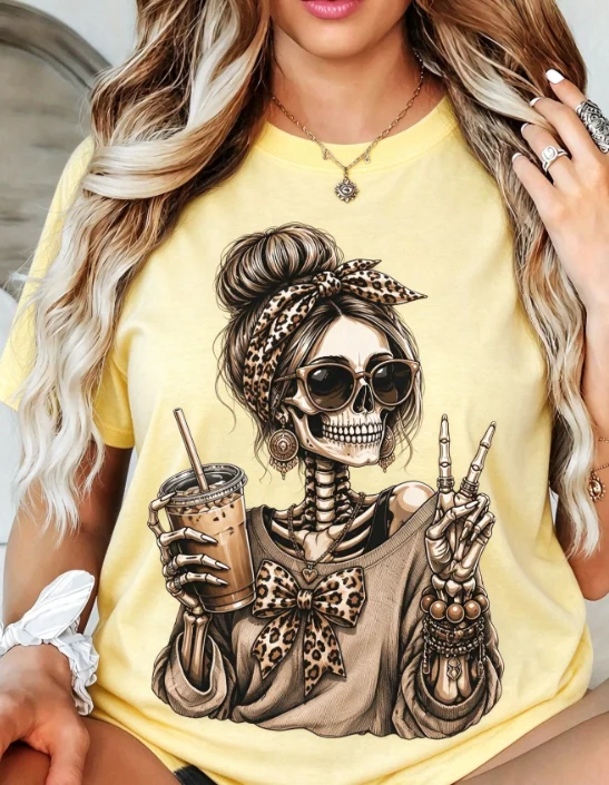2026 Fashion New Arrival Halloween Skeleton Graphic Tee Women Leopard Skeleton Girl Iced Coffee Peace Hand Print Black Crew Neck Short Sleeve Casual Gift Basic T-Shirt