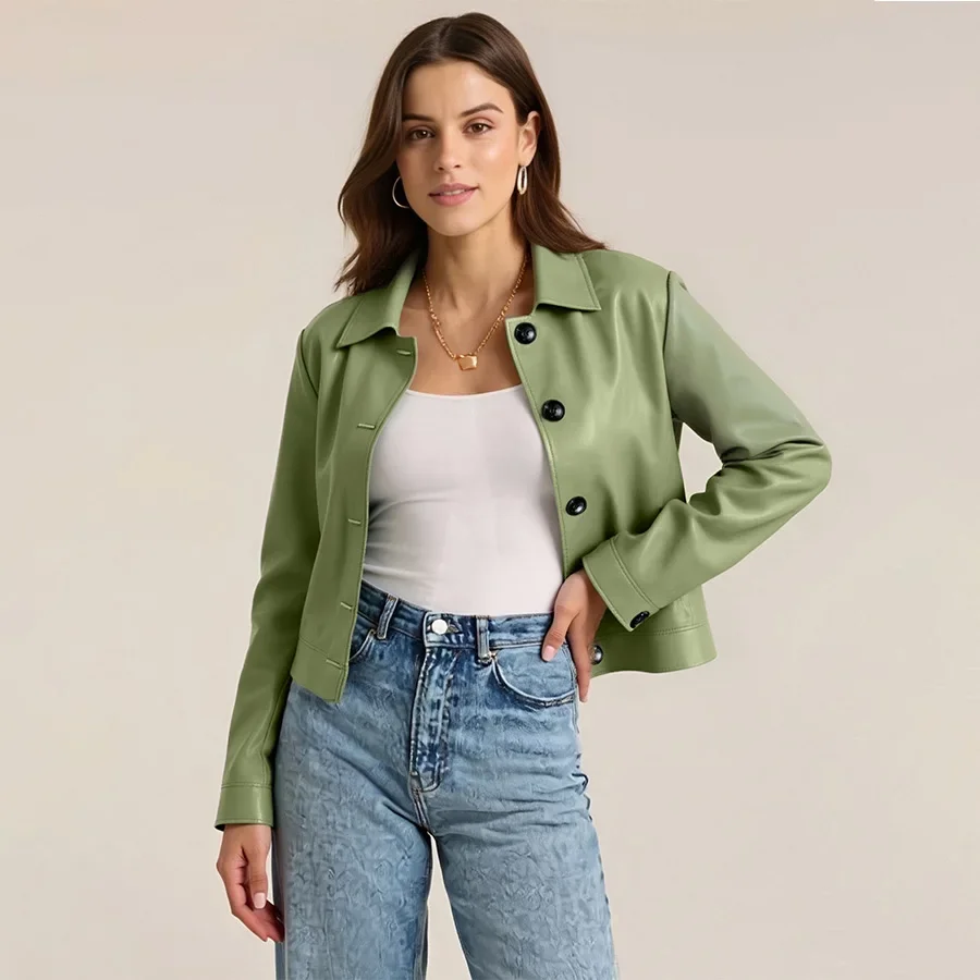 Conciso European And American Spring Autumn Lapel Faux Leather Women Jacket Loose Leather Outwear Motorcycle Female Coat J589