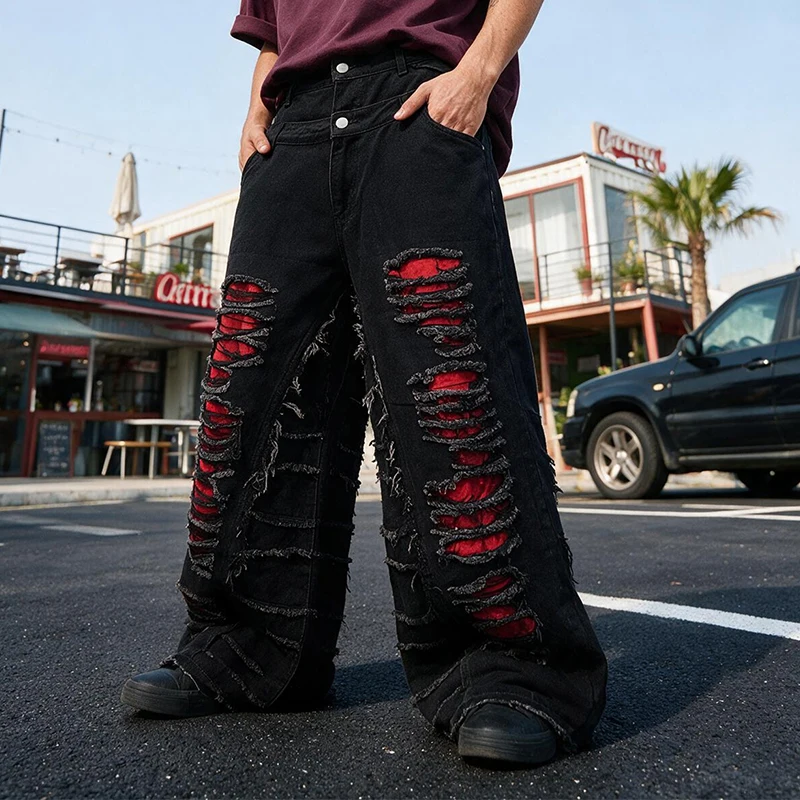 Men's High Street Ripped Wide Leg Jeans Black Denim Pants With Red Inner Patch Fringed Distressed Heavyweight Streetwear Trouser