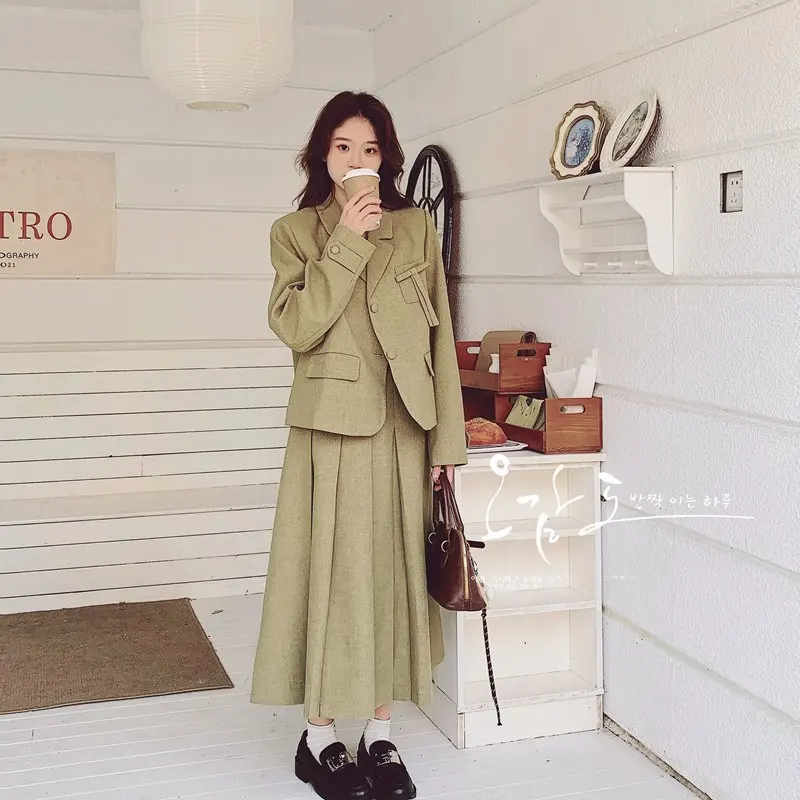 Women Fashion Commute Solid Two-Piece Set Autumn New Small Fragrance Style Suit Jacket+Pleated Half Skirt Elegant Set