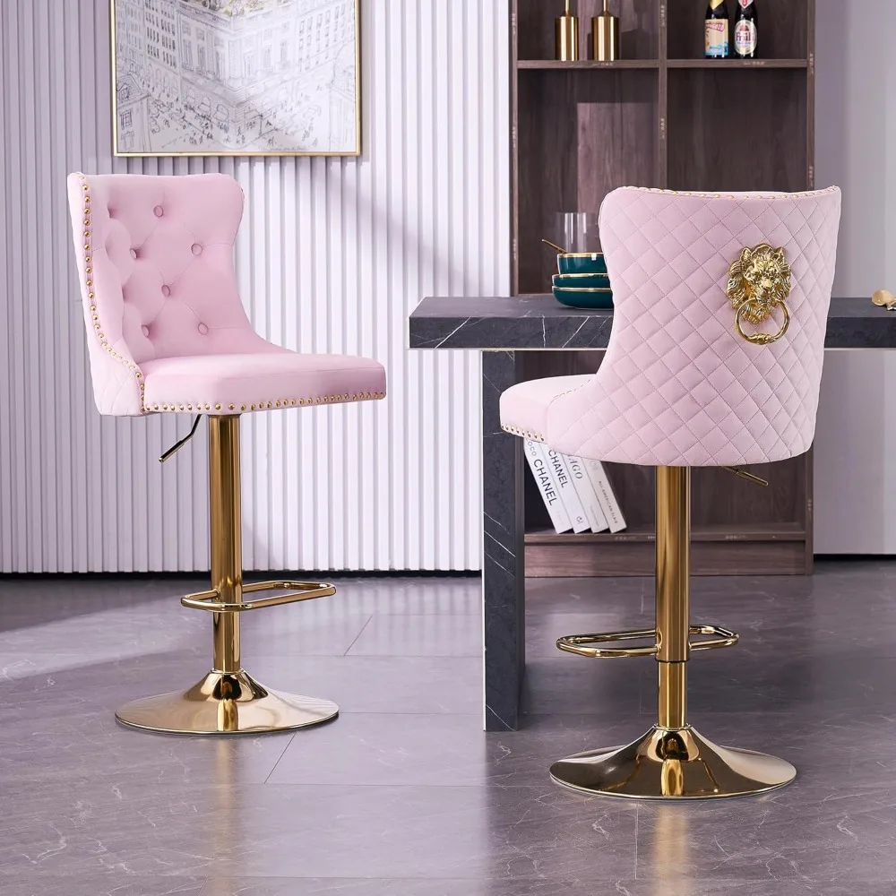 

Bar Stools Set of 2 Velvet Swivel Kitchen Counter Chairs with Tufted High Back Modern Upholstered Gold Barstools with Lion