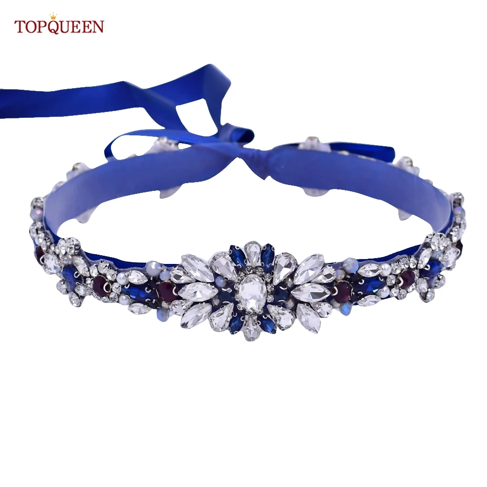 TOPQUEEN-S125 أحجار الراين فستان الزفاف حزام للنساء ، الشظية كريستال ، وشاح الزفاف ، الماس حزام الزفاف للفساتين ، اللون الأزرق الداكن