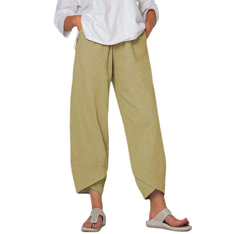 2025 New Cotton and Linen Wide-leg Pants Solid Color Large Size High Waist Loose Casual Nine-point Pants Women's Cw10808