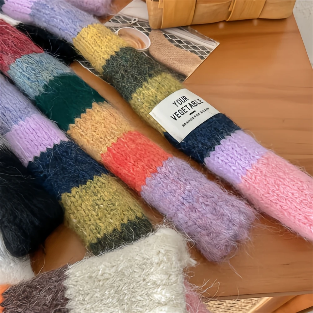 Women Rainbow Stripe Knitted Scarf Patchwork Clashing Colors Long Soft Scarves Female Winter Premium Feeling Weenie Scarf Shawl