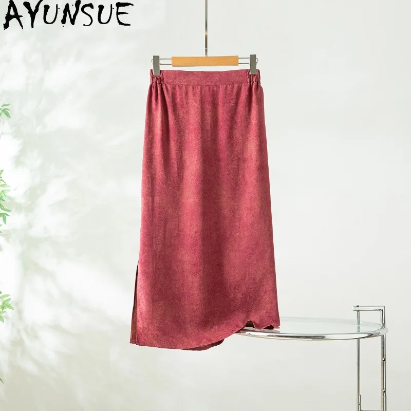 

AYUNSUE Xiangyunsha Silk Women's Skirts Chinese Style Slit Skirts for Women Elastic Waist Summer Skirt Woman Clothes Ropa Mujer