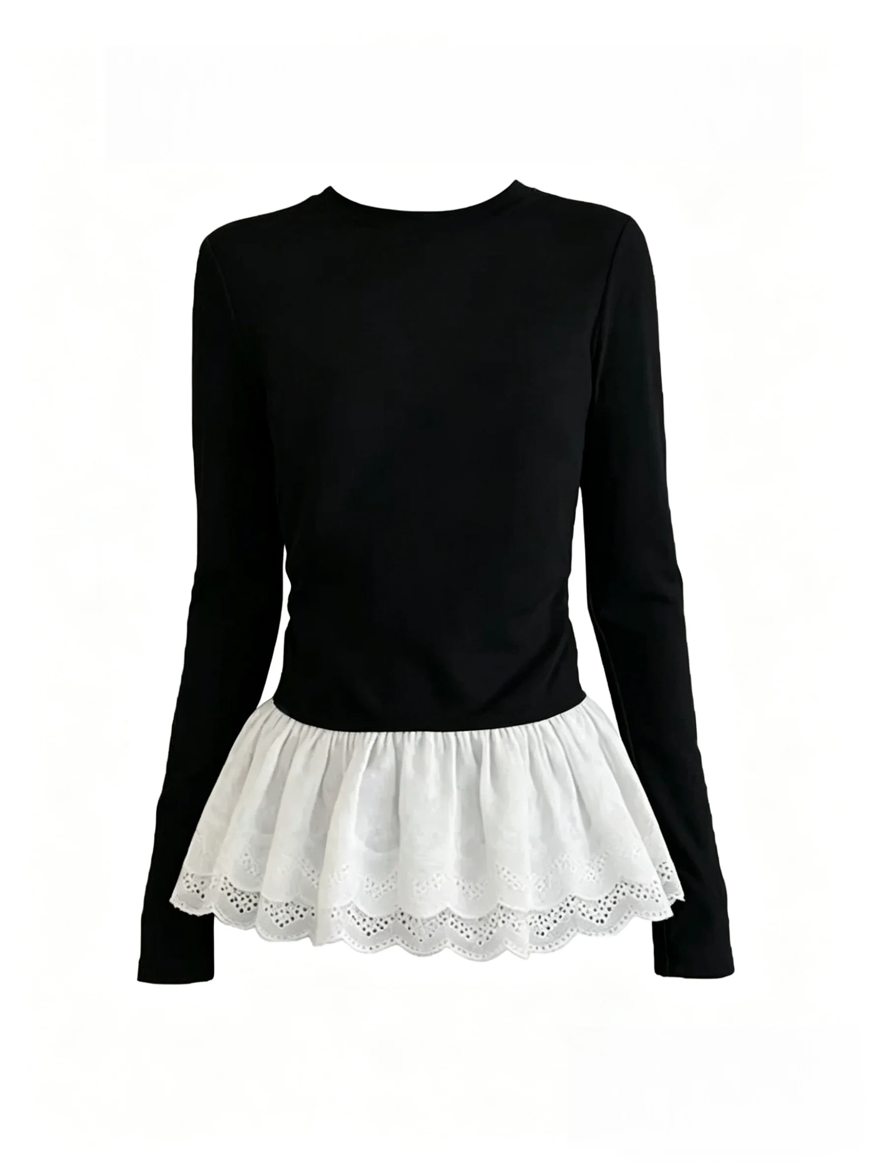 

Spring Women's Long Sleeve T-Shirt 95 Cotton Ballet Lace Hem Layering Top plus Size Base Shirt Simple Style Pure Color