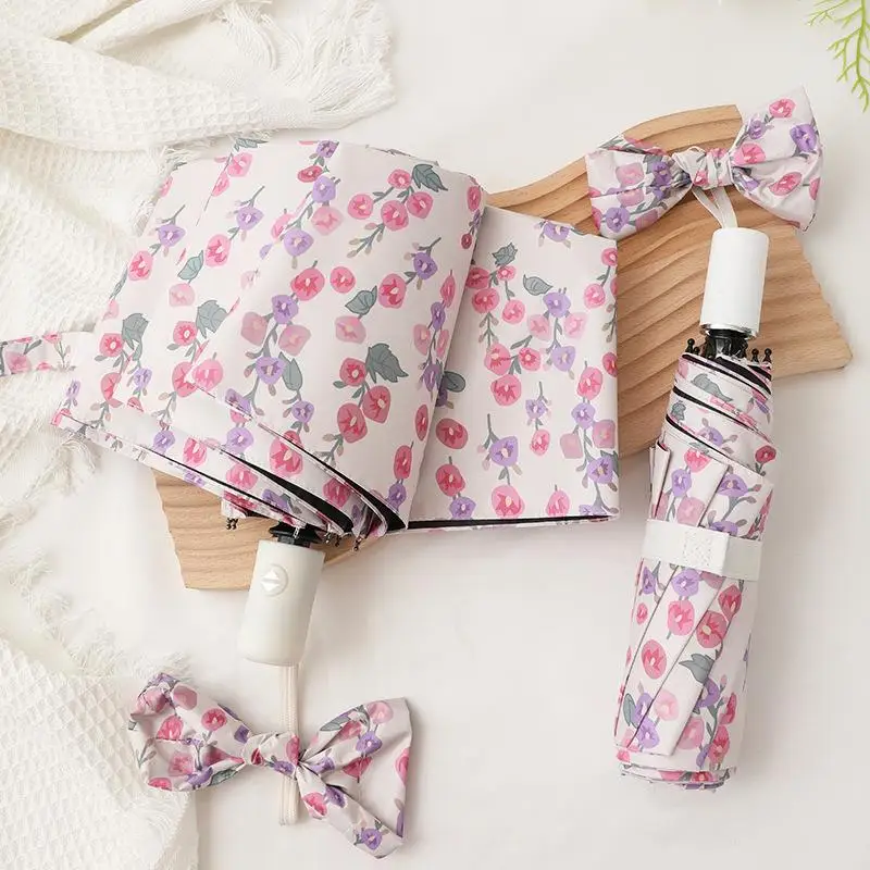 

Black Glue Small Flower Umbrella Sunshade UV Protection Rain And Sun Dual Purpose Umbrella Three Foldable Design Home Use