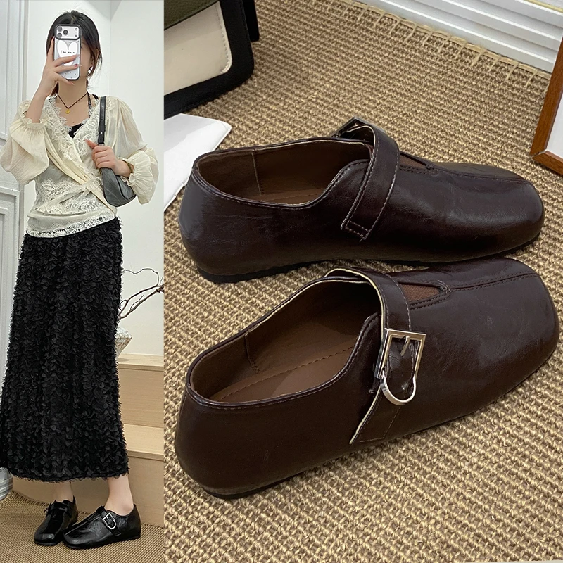 Fashionable Leather Mary Jane Flat Shoes Women's Autumn New Style Black Mini Leather Shoes Flat Bottomed Skirt Matching