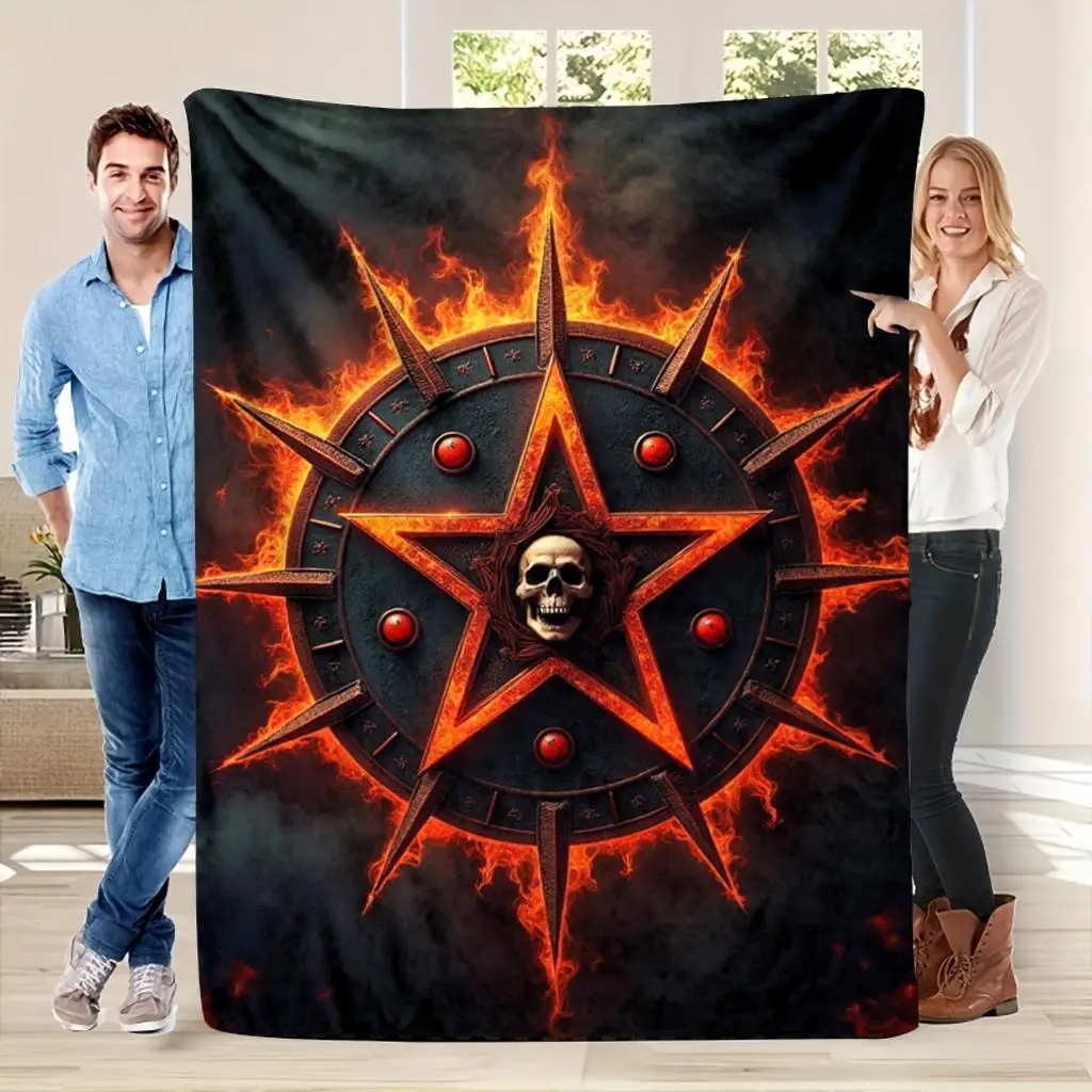 Skeleton five-pointed star flame pattern Flannel printed blanket suitable for all seasons for living room office sofa and travel