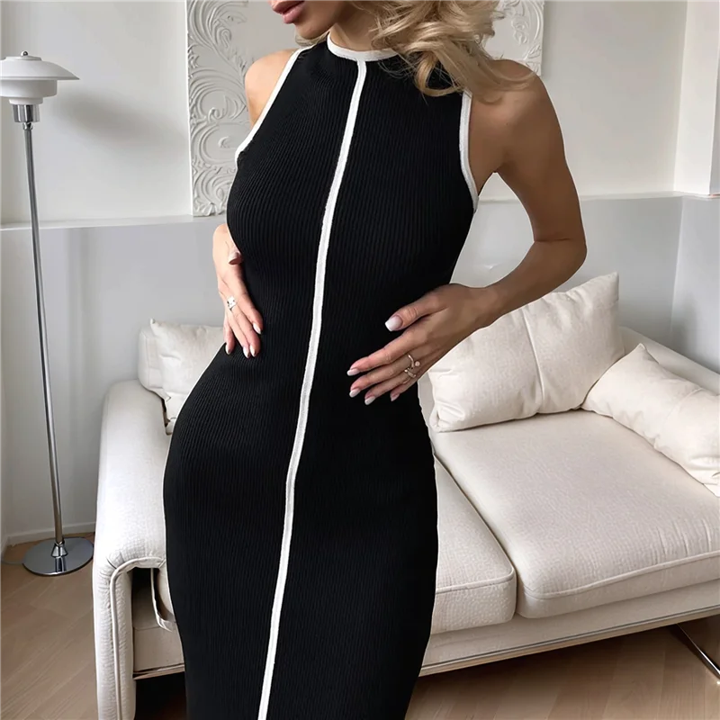 فستان ABRT-Womens بدون أكمام تي شيرت صيفي بغرز متباينة فساتين ماكسي بدون أكمام