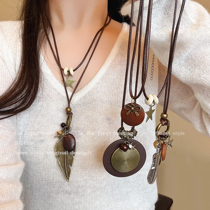 

Vintage Boho Necklace For Women Men Antique Long Collar Chains Handmade Leaf Pendants Layers Bohemia Party Accessories Jewelry