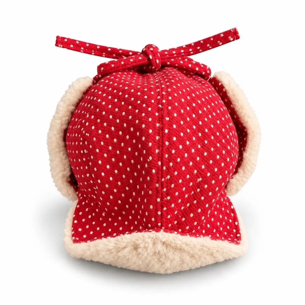 Polka Dot Pattern Ear Protection Hat Double-Sided Wear with Straps Winter Warm Hat Fleece Lining Thickened Lei Feng Hat