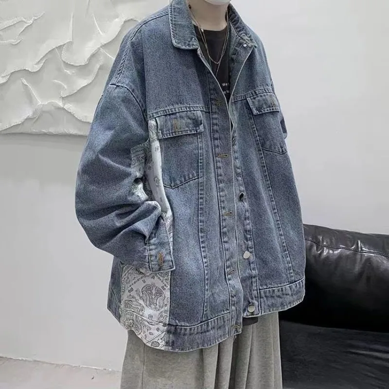 Oversize with Print Cowboy Coat for Men Y2k Original Low Price Outwear High Quality Cowgirl Worn Lxury Casual Denim Jackets Man
