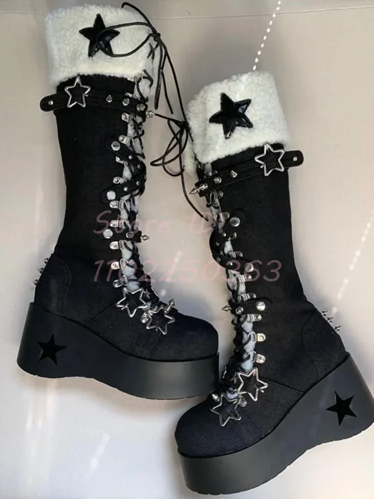 Star Lace-up Platform Knee-high Boots Round Toe Rivet Decor Cross Straps Boots  y2k 2024 New Women Fashion Shoes Cyberpunk Style