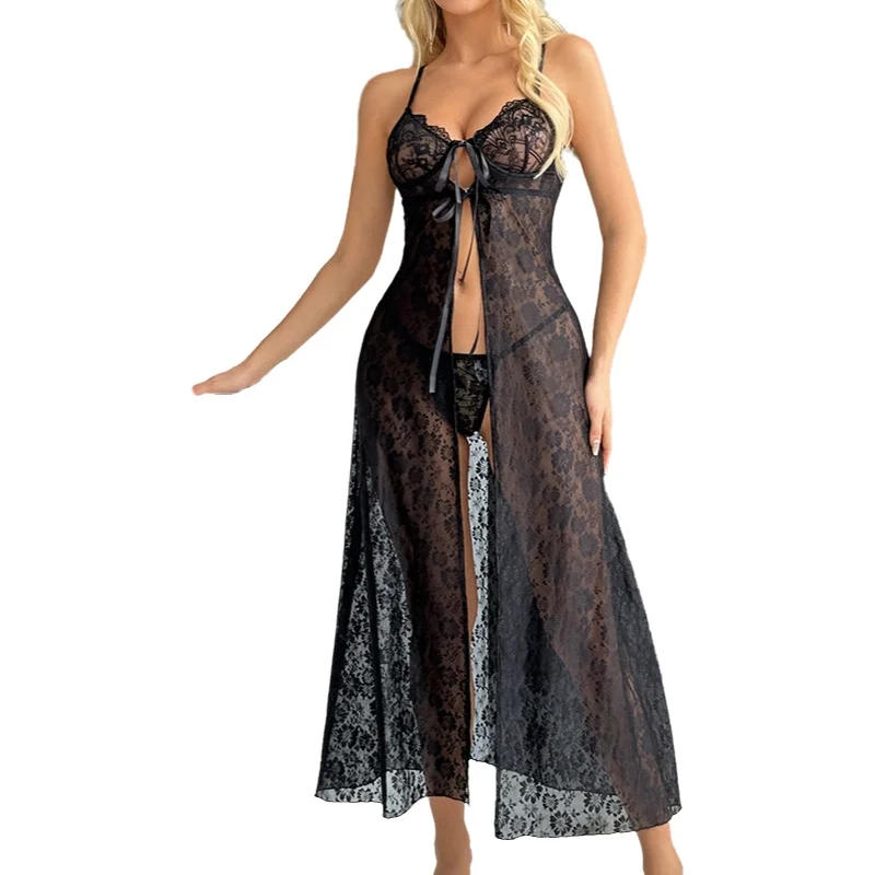 Sexy Lingerie For Women, Nightgown With Sexy Red Set Strap Front Tie Split Long Night Mesh Chemise Sleepwear With PNNT