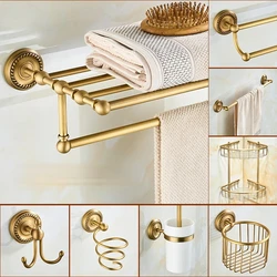 Solid Brass Bathroom Hardware Sets Antique Bronze Bath Towel Rack Cup Holder Goods Shelf Home Bathroom Accessories Set