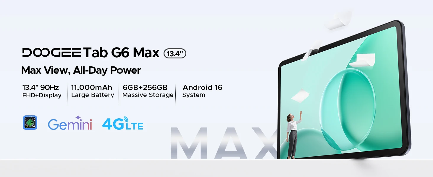 DOOGEE Tab G6 Max Tablet Android 16 32GB+256GB 13.4'' 90Hz Display 11000mAh Battery 7.7mm Ultra-thin UNISOC T7280 Widevine L1