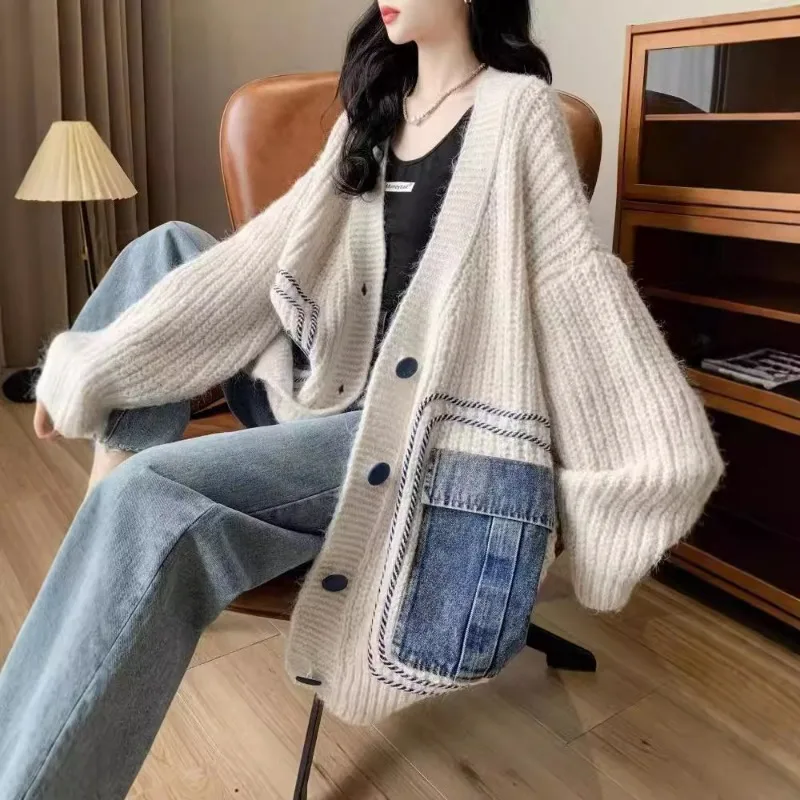 Women's Loose Sweater Jacket, Knitted Cardigan, Lazy Style, Patchwork, New Year in Europe and America, Autumn and Winter