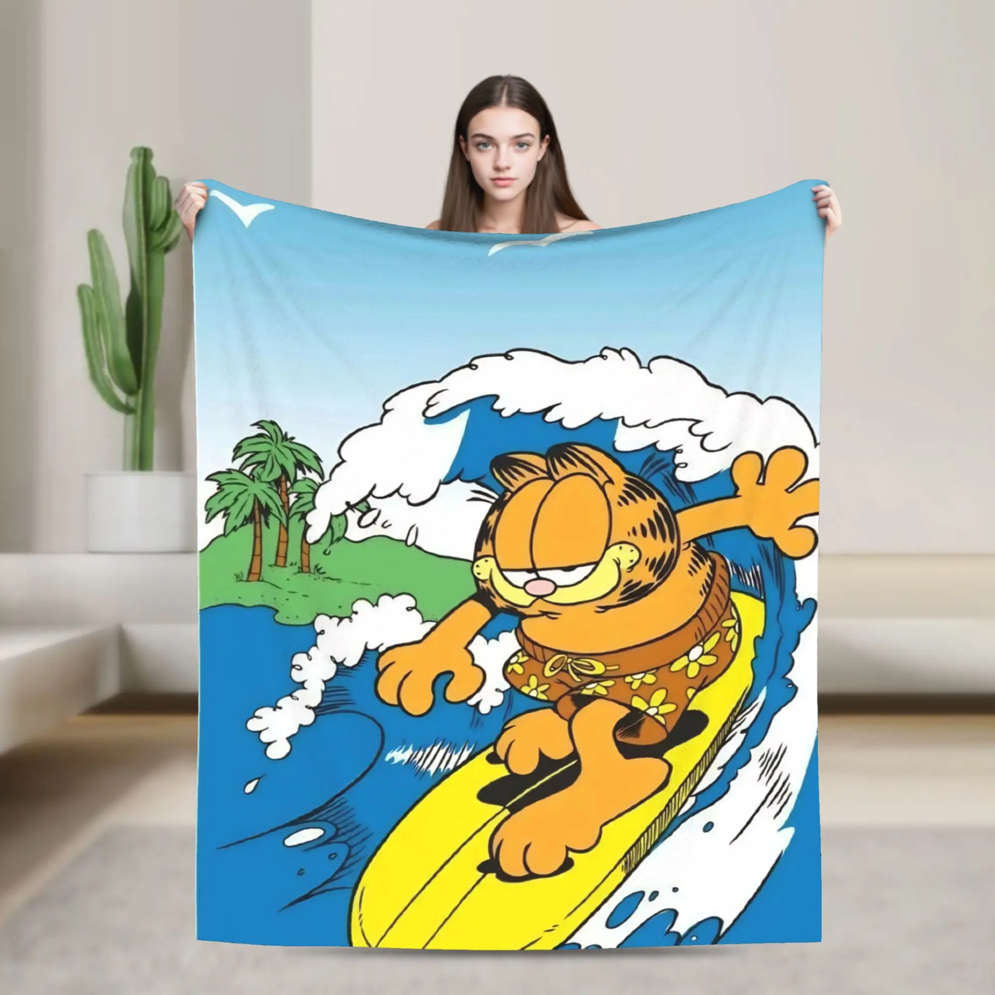 

Garfields Surfing Blanket Cartoon Cat Fleece Throw Blankets Airplane Travel Decoration Lightweight Bedspreads,