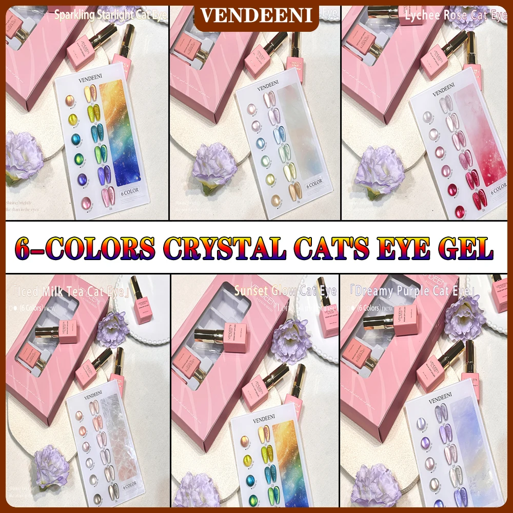 

Vendeeni 6 цветов/набор красочный кристалл кошачий глаз прозрачный магнитный гель-лак для ногтей лак для ногтей с цветной картой TPO HEMA FREE