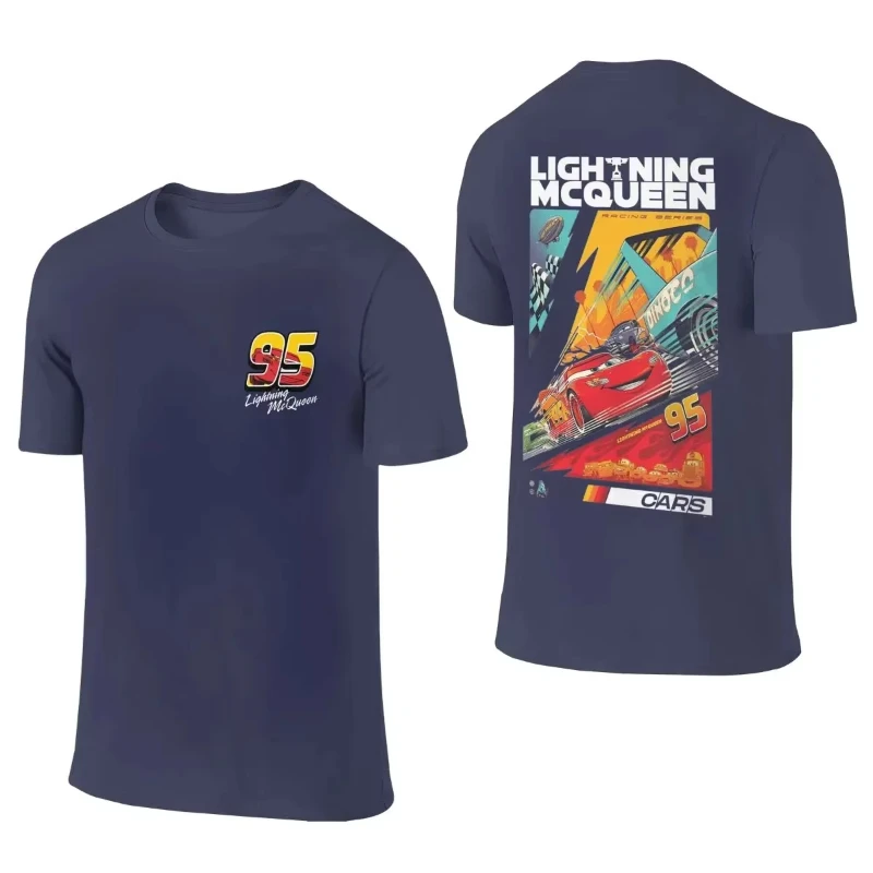 MINISO الرجال الكرتون تي شيرت البرق ماكوين سيارة سالي نمط متعة المتضخم Y2k تيشيرت بأكمام قصيرة مزدوجة الوجهين المطبوعة الرجال